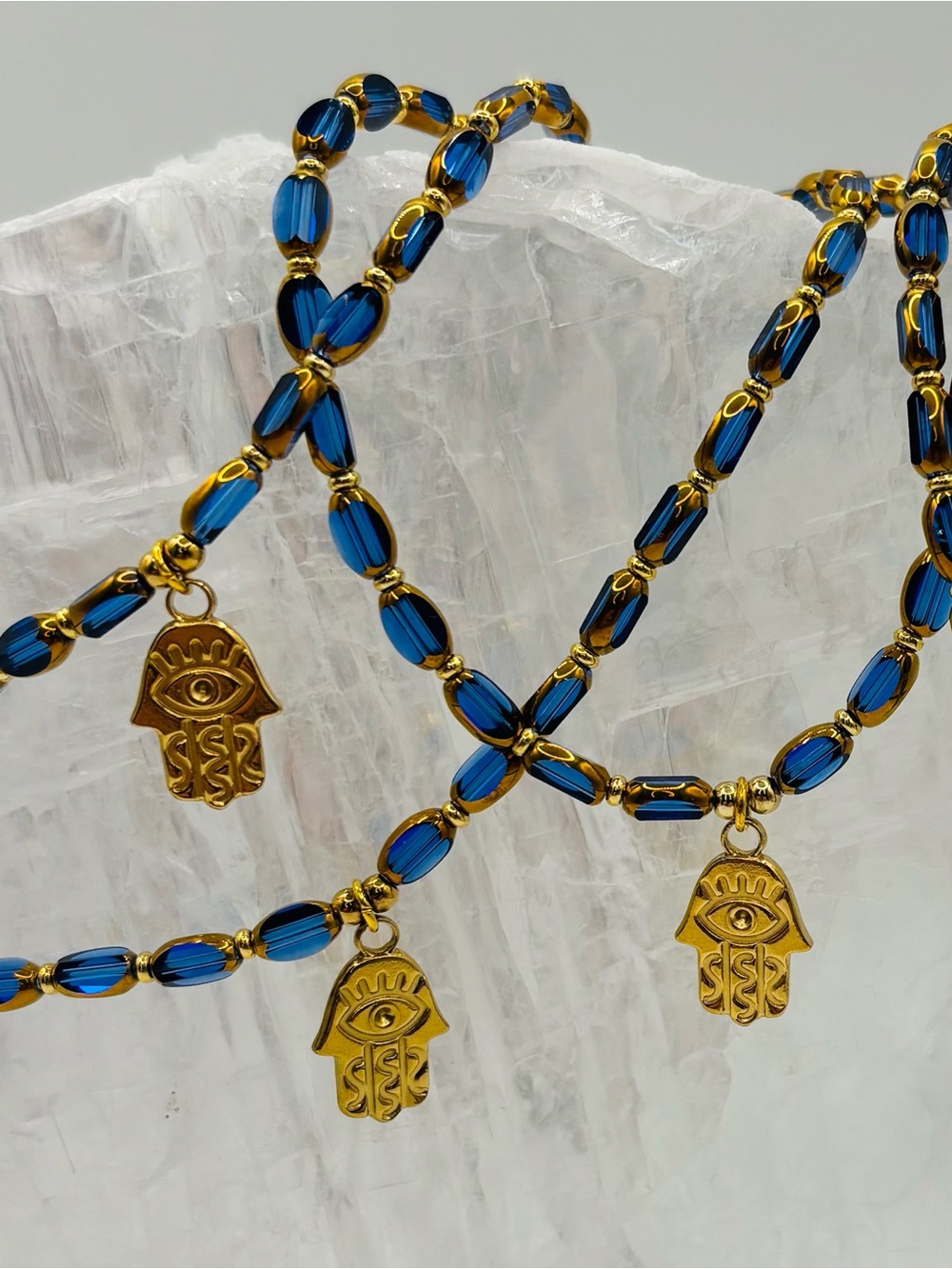 *Anklet* S. Steel Gold Hamsa Hand & Blue Crystal Stretchy Ankle Bracelet